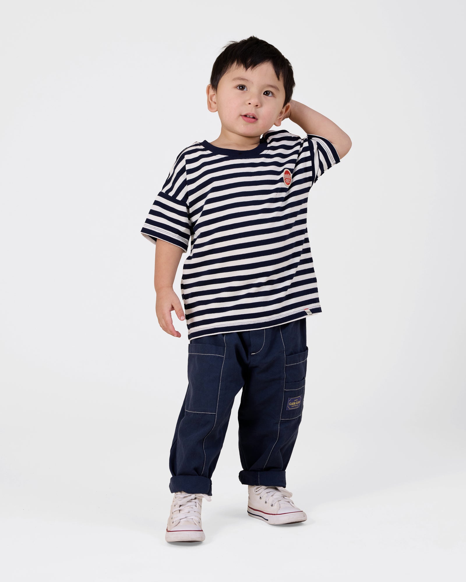 GOLDIE & ACE ESSENTIAL STRIPE LOGO T-SHIRT NAVY