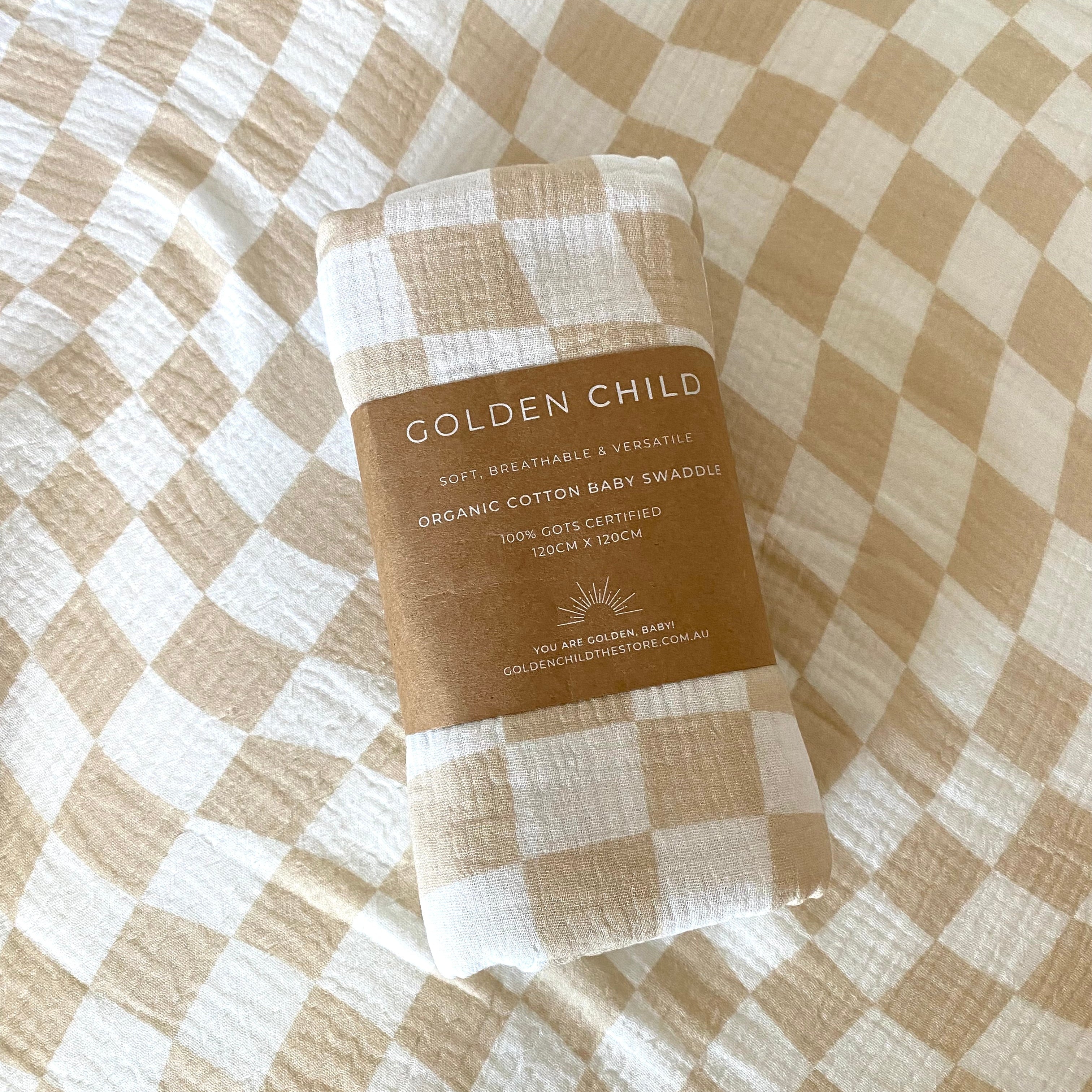 Golden Child Wavy Baby Checked Organic Swaddle - Stone