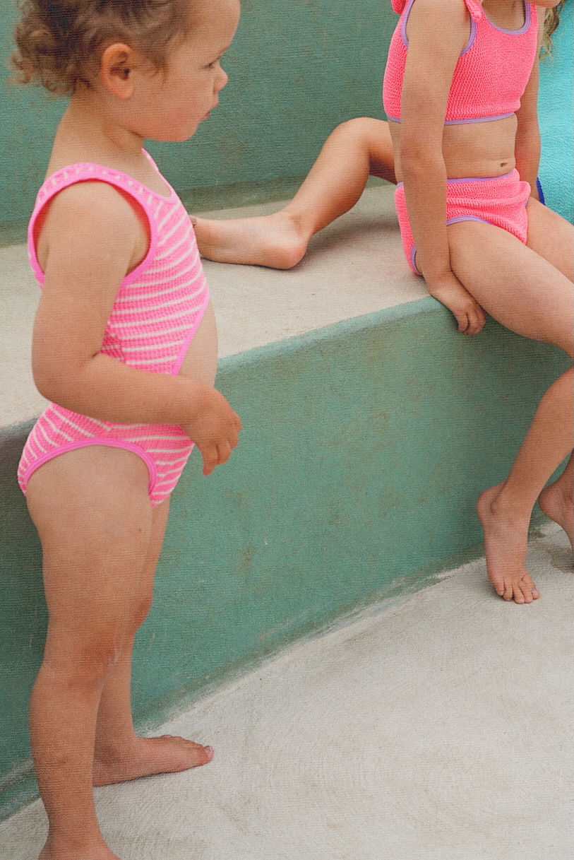 Golden Child Crinkle Cut Out One Piece Swimsuit - Fluro Pink Stripe