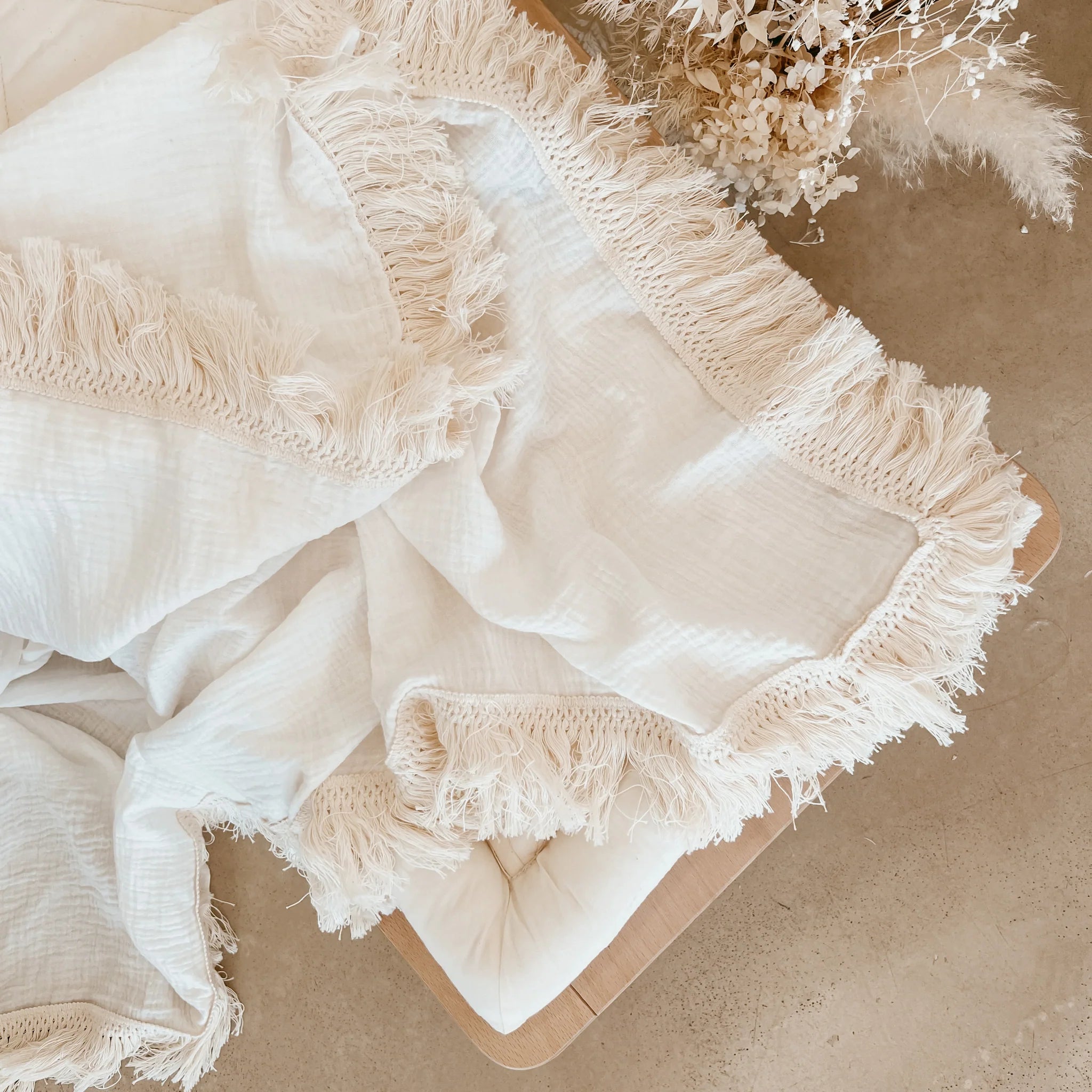 Blossom & Pear Milk Fringe Muslin Swaddle Blanket
