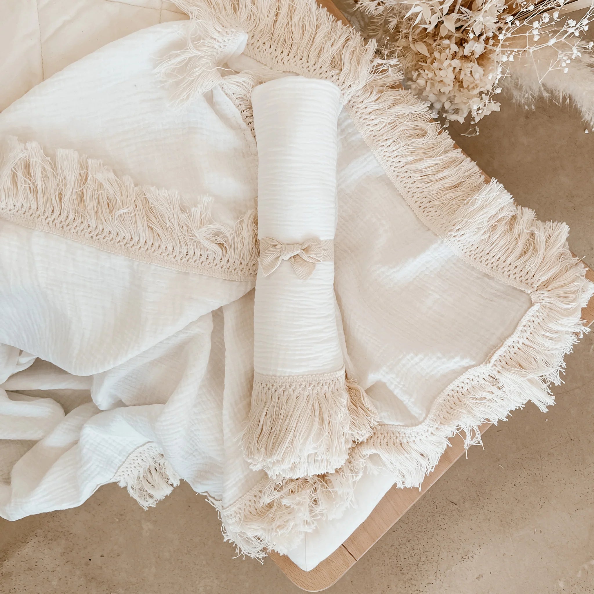 Blossom & Pear Milk Fringe Muslin Swaddle Blanket