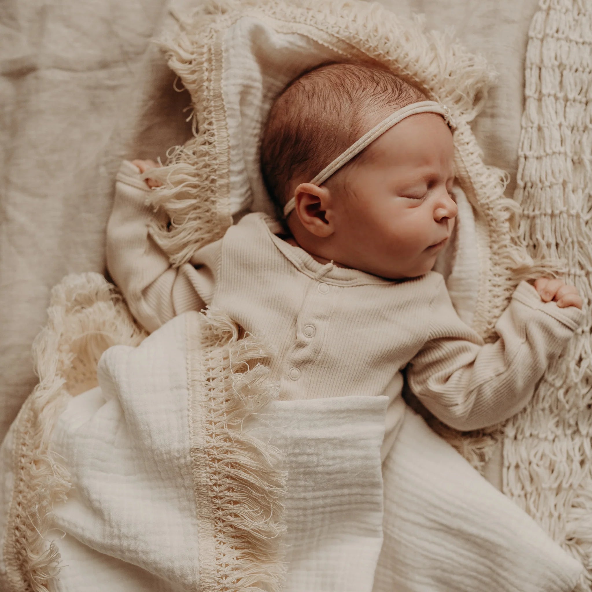Blossom & Pear Milk Fringe Muslin Swaddle Blanket