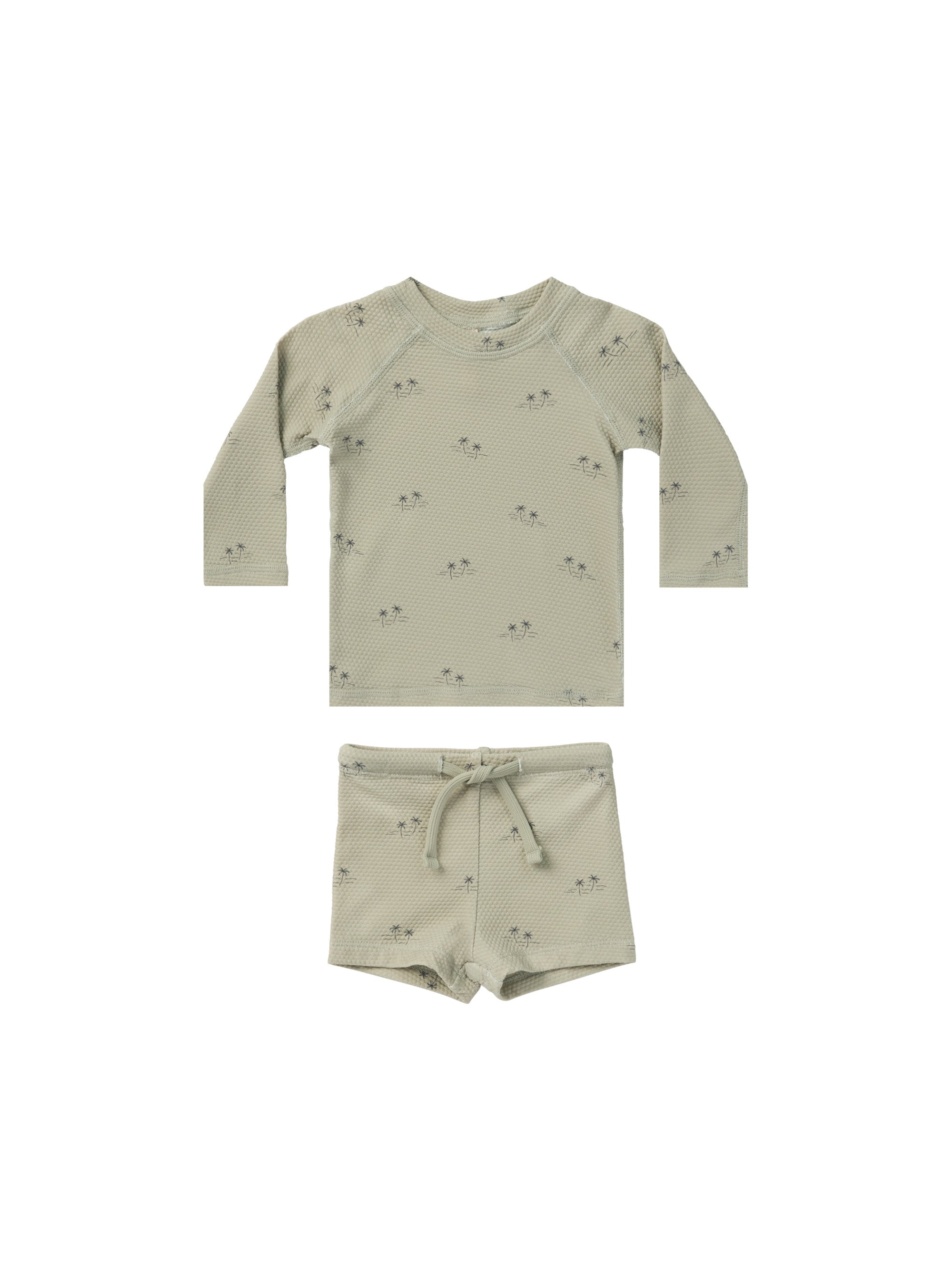 Quincy Mae Finn Rashguard + Short Set - Sage Palm Trees