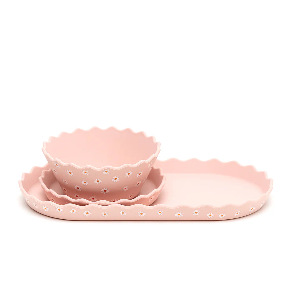 Chino Club Pink Daisy Wavy Edge Silicone Bowl and Plate Set