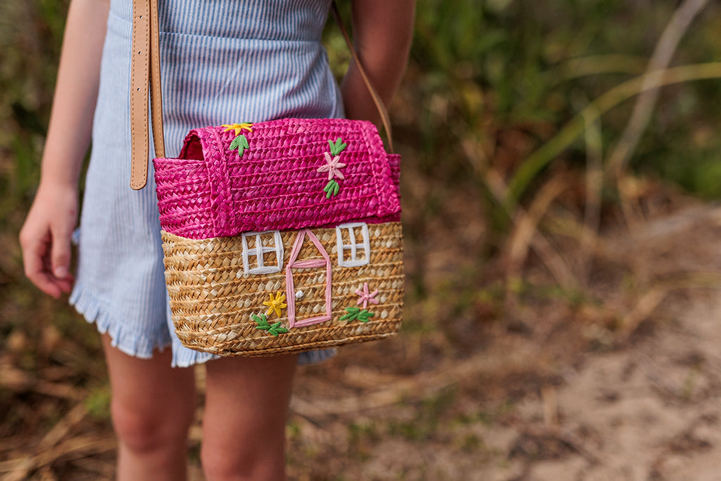 Acorn Kids La Maison Straw Bag -Natural and Pink