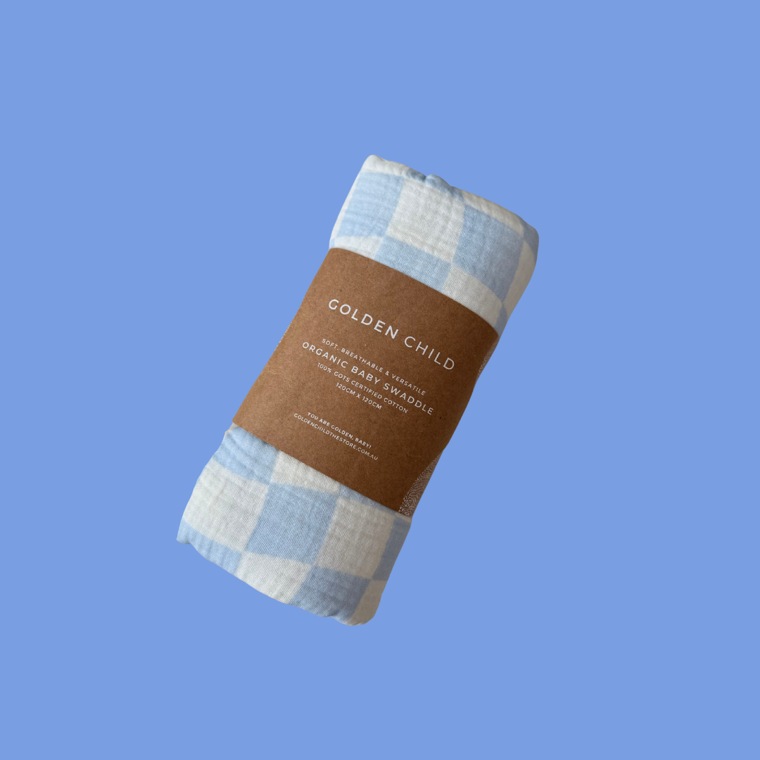 Golden Child Wavy Baby Checked Organic Swaddle - Ocean