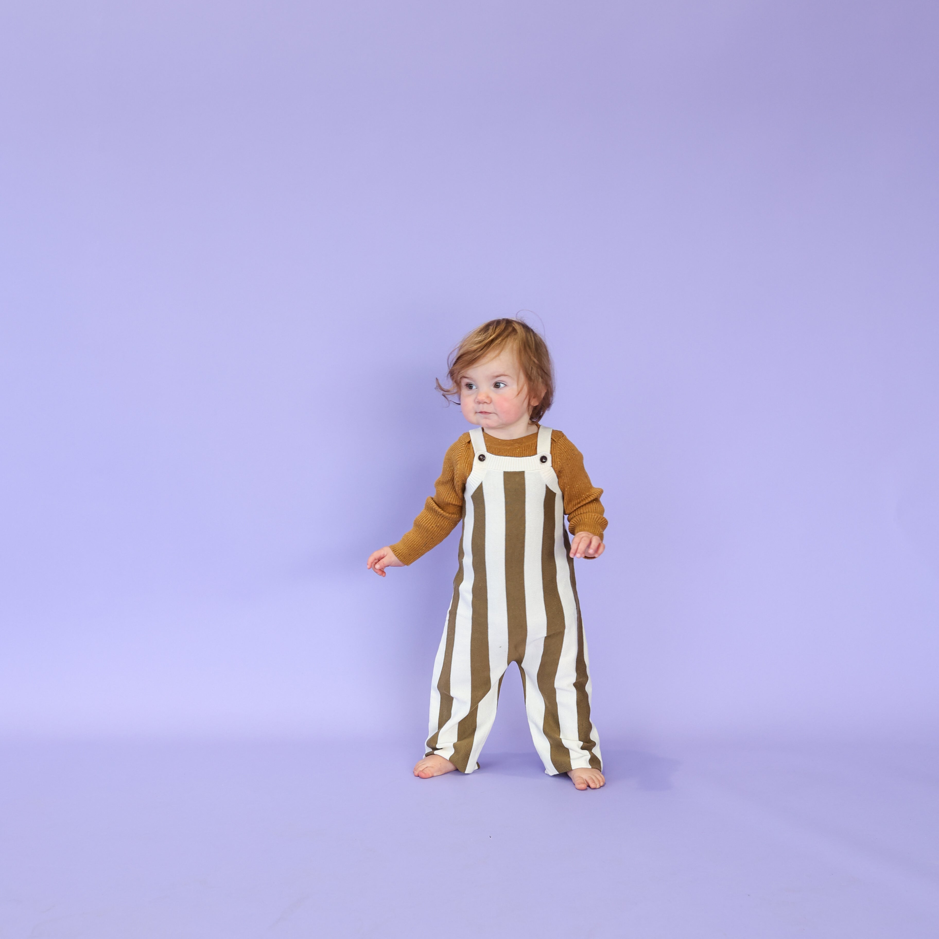 Grown Vertical Stripe Knit Overalls Coffee