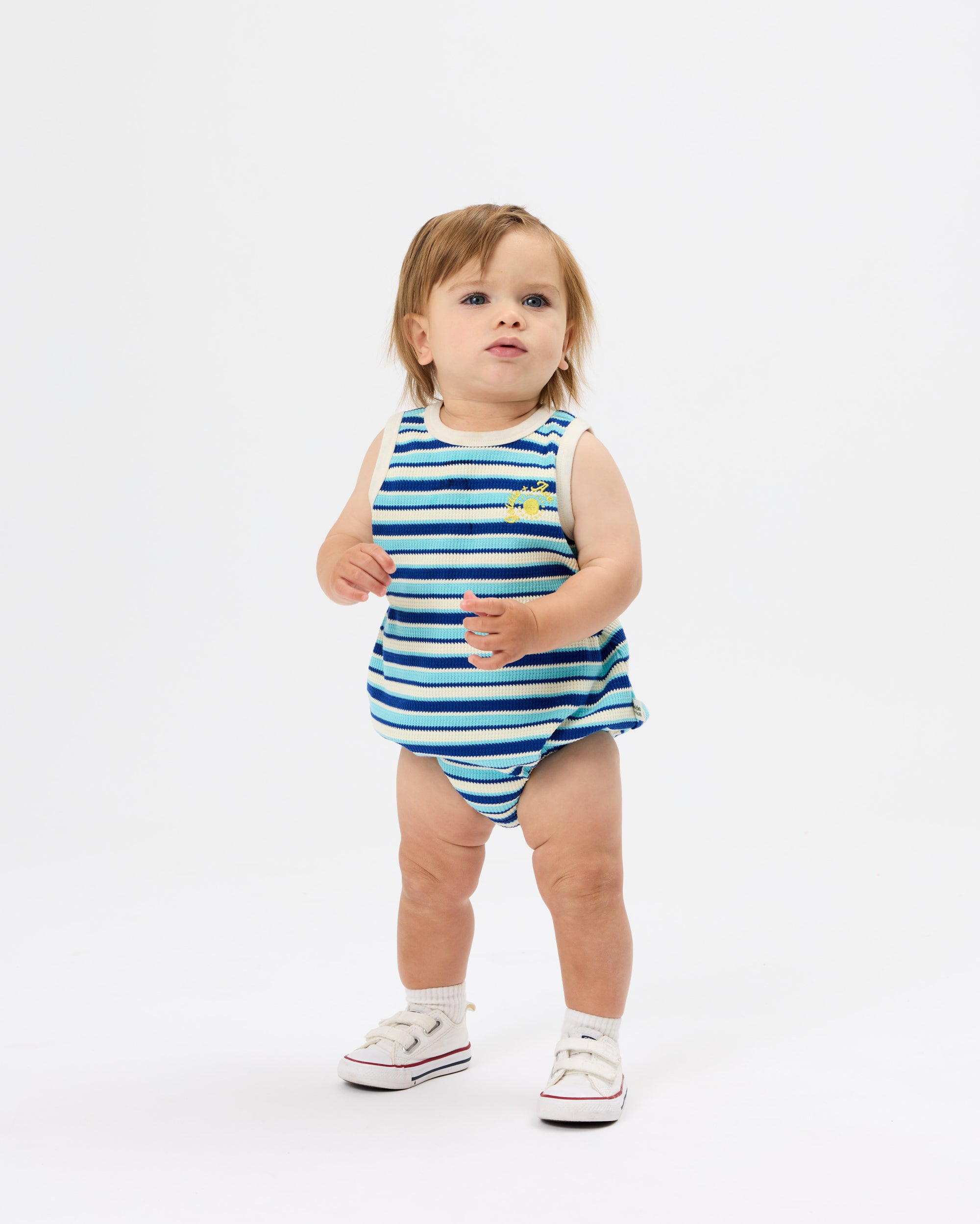 GOLDIE & ACE WAFFLE BUBBLE ROMPER BLUE