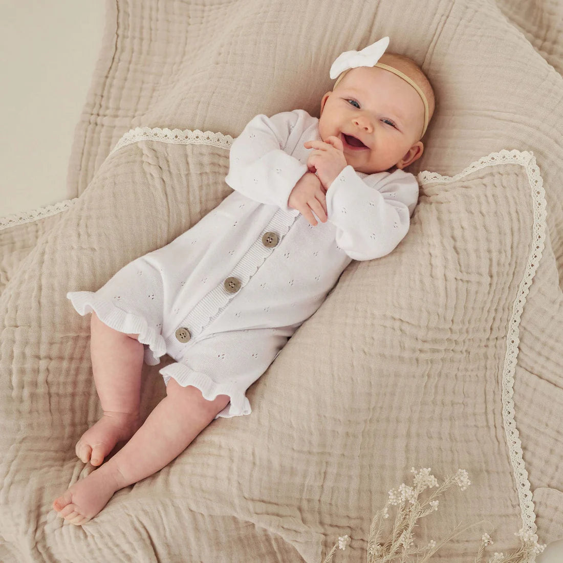 Aster & Oak WHITE KNIT RUFFLE ROMPER