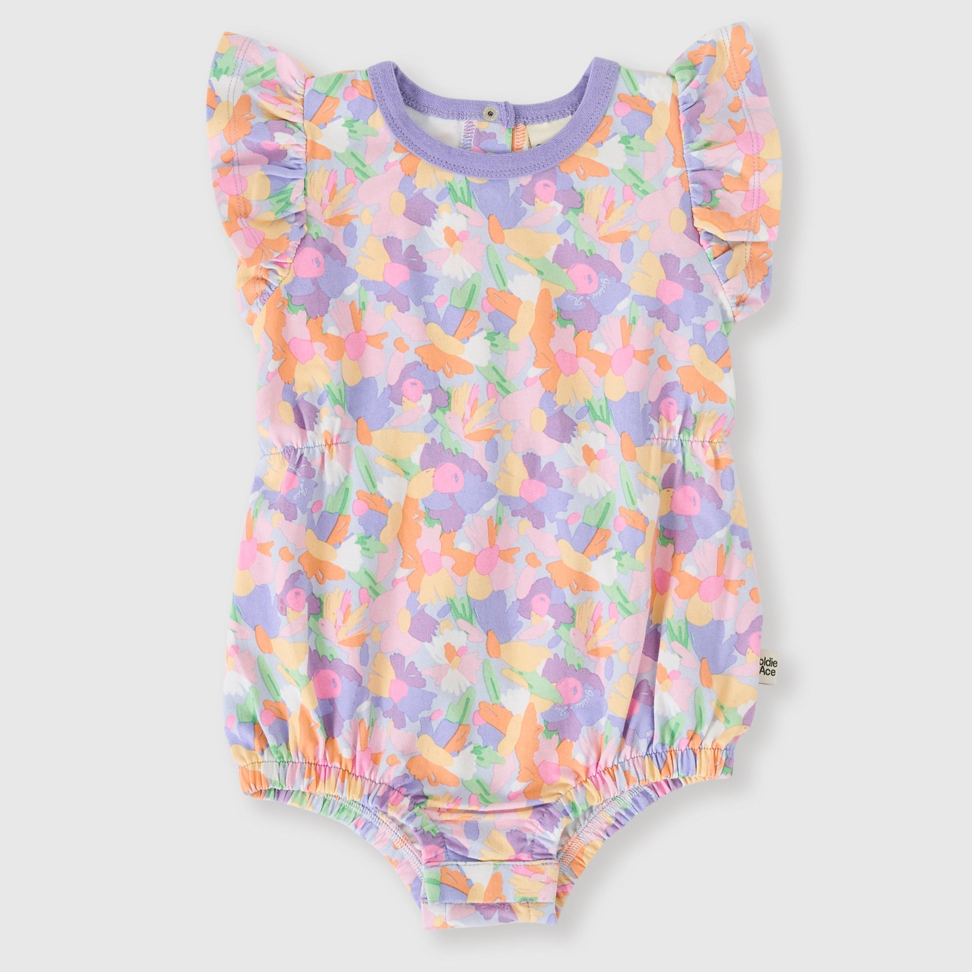 Floral-patterned baby romper on a light gray background