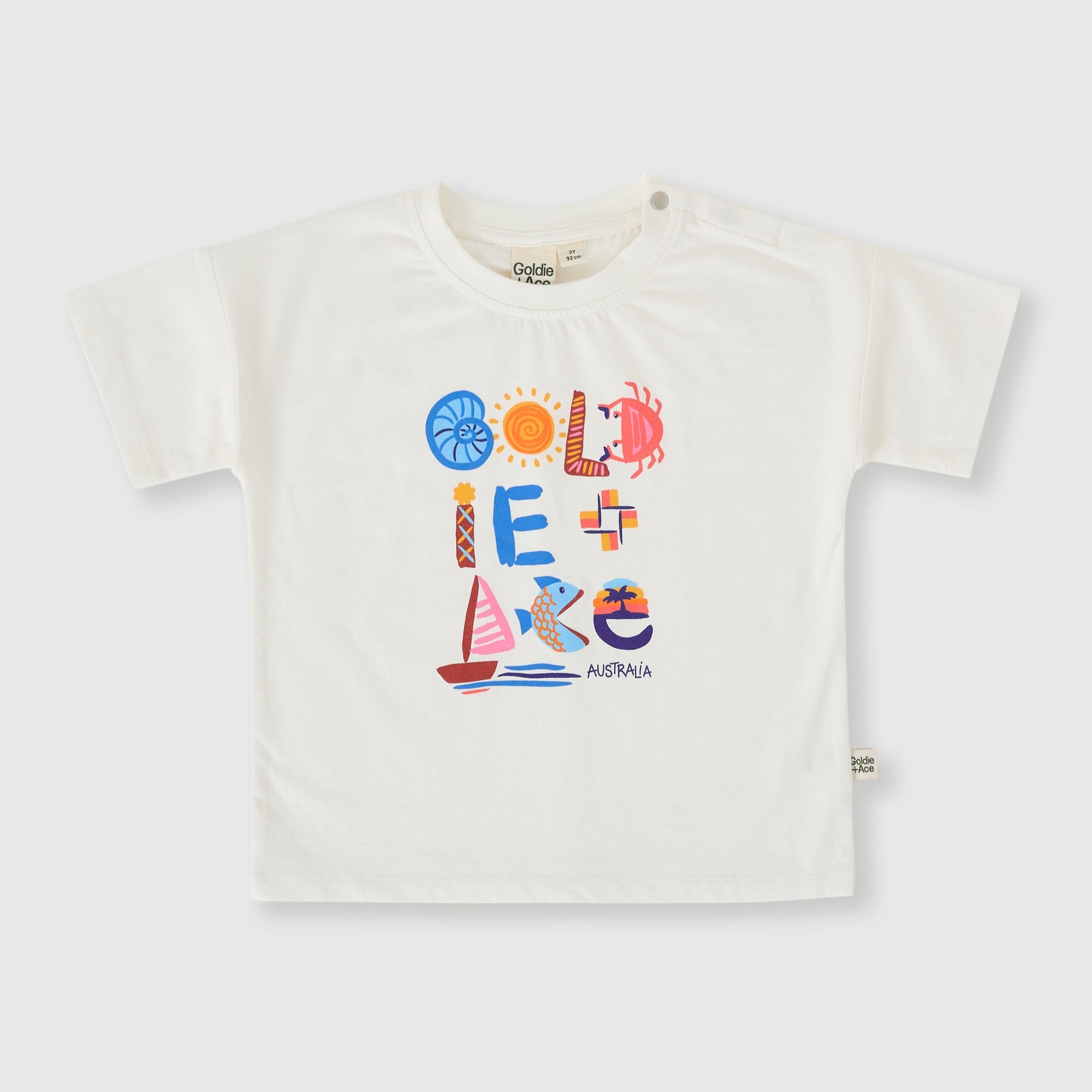 White t-shirt with colorful graphics and text on a white background