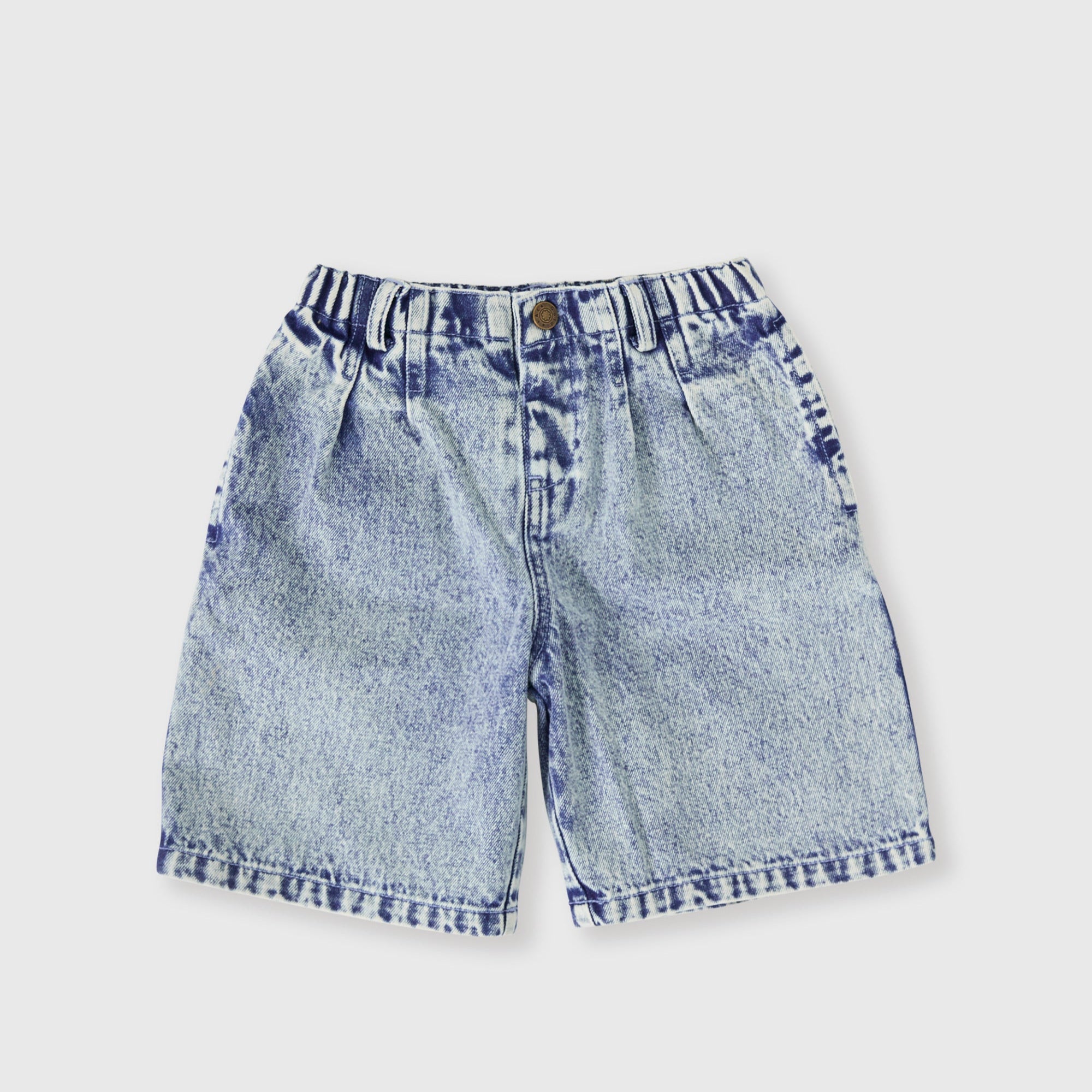 Light blue denim shorts on a light gray background