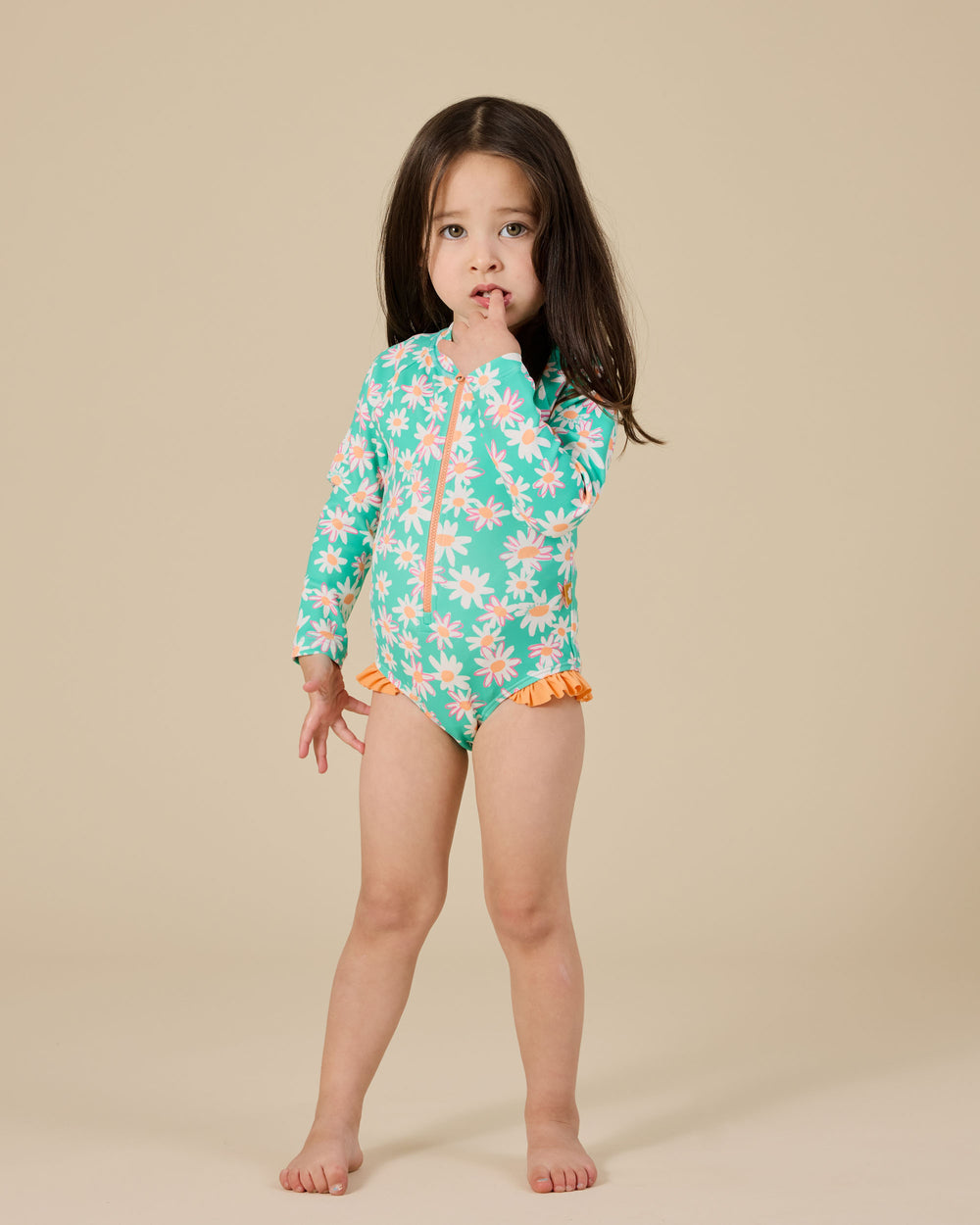 Goldie & Ace Daisy Patch Frill Long Sleeve Swimsuit
