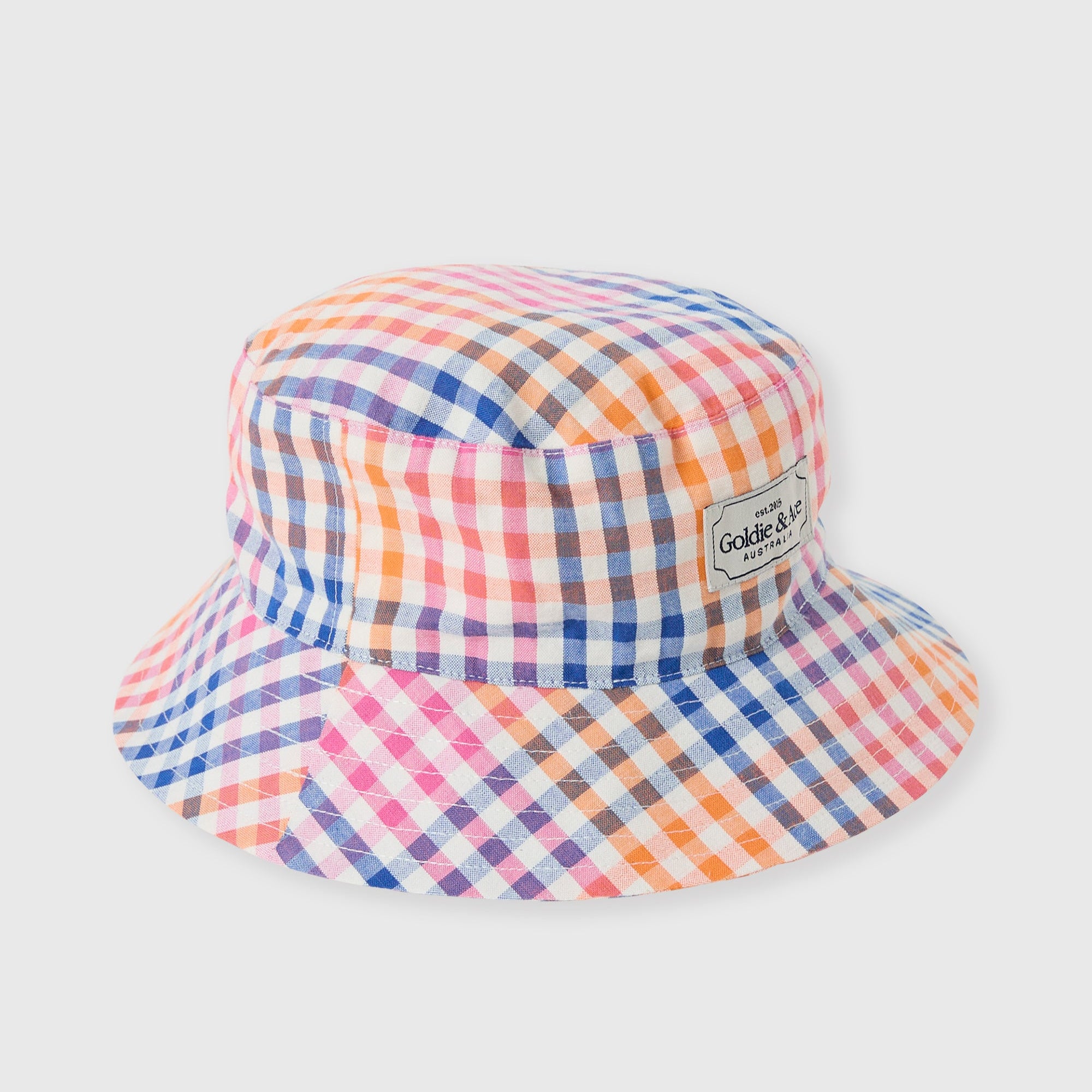 Colorful checkered bucket hat on a light gray background