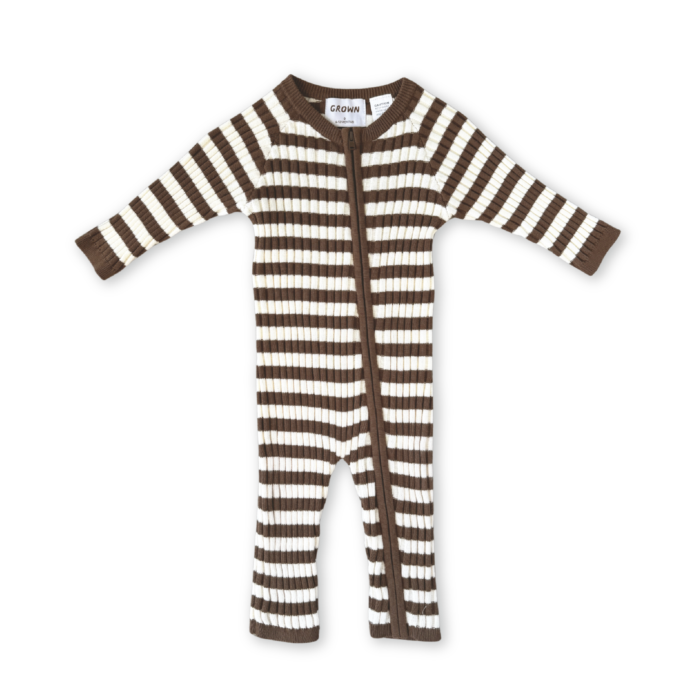 Grown Organic Rib Stripe Knit Zipper Jumpsuit - Espresso & Milk