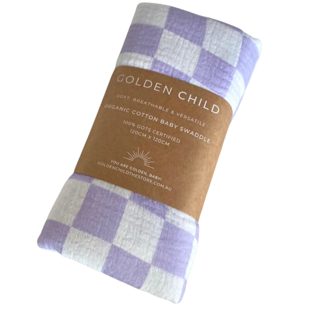 Golden Child Wavy Baby Checked Organic Swaddle - Lilac