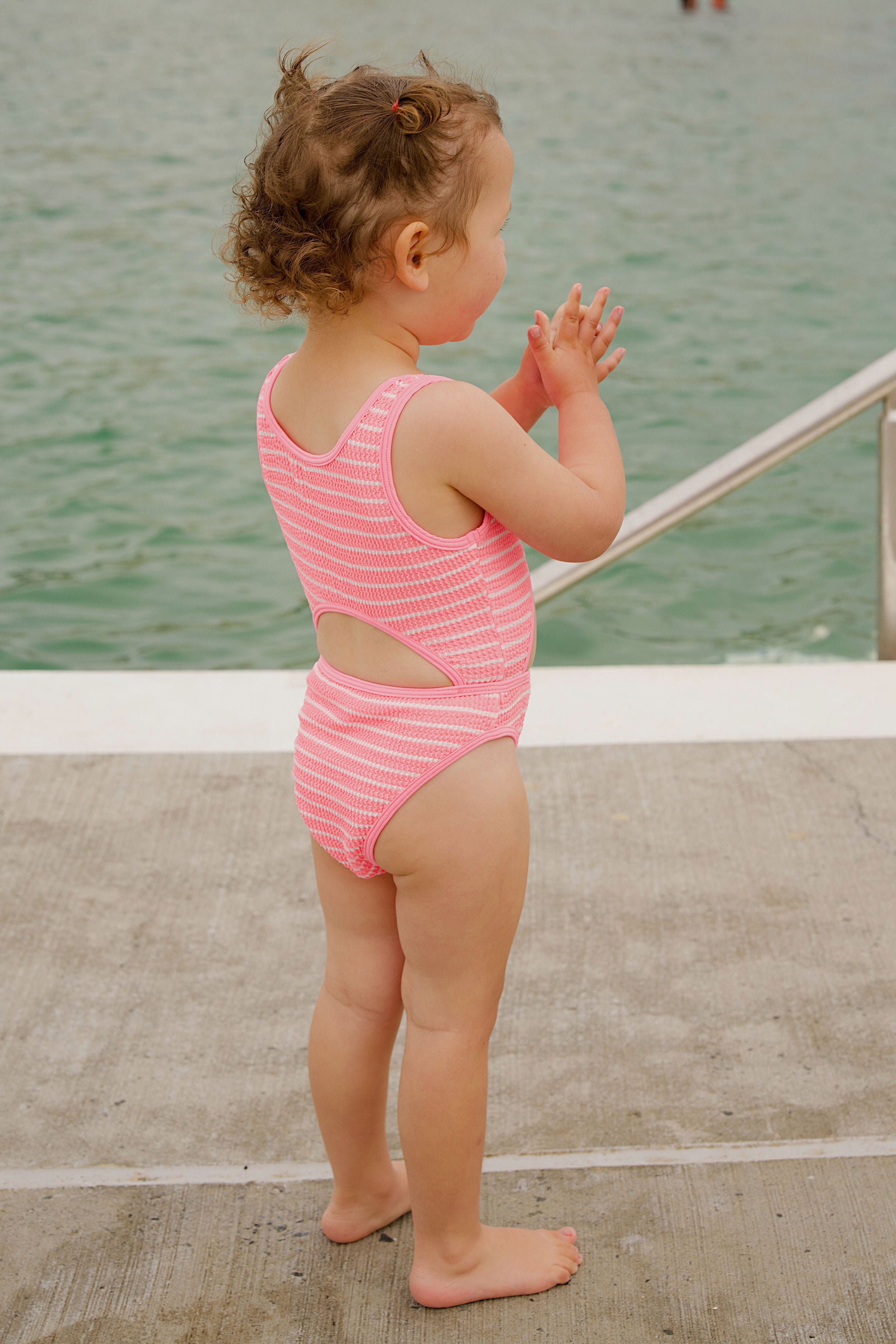 Golden Child Crinkle Cut Out One Piece Swimsuit - Fluro Pink Stripe