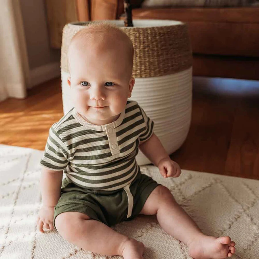 Short Sleeve Organic Bodysuit - Olive Stripe
