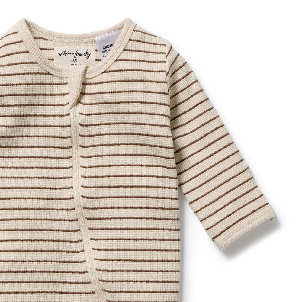 Wilson & Frenchy Nutmeg Stripe Organic Waffle Zipsuit