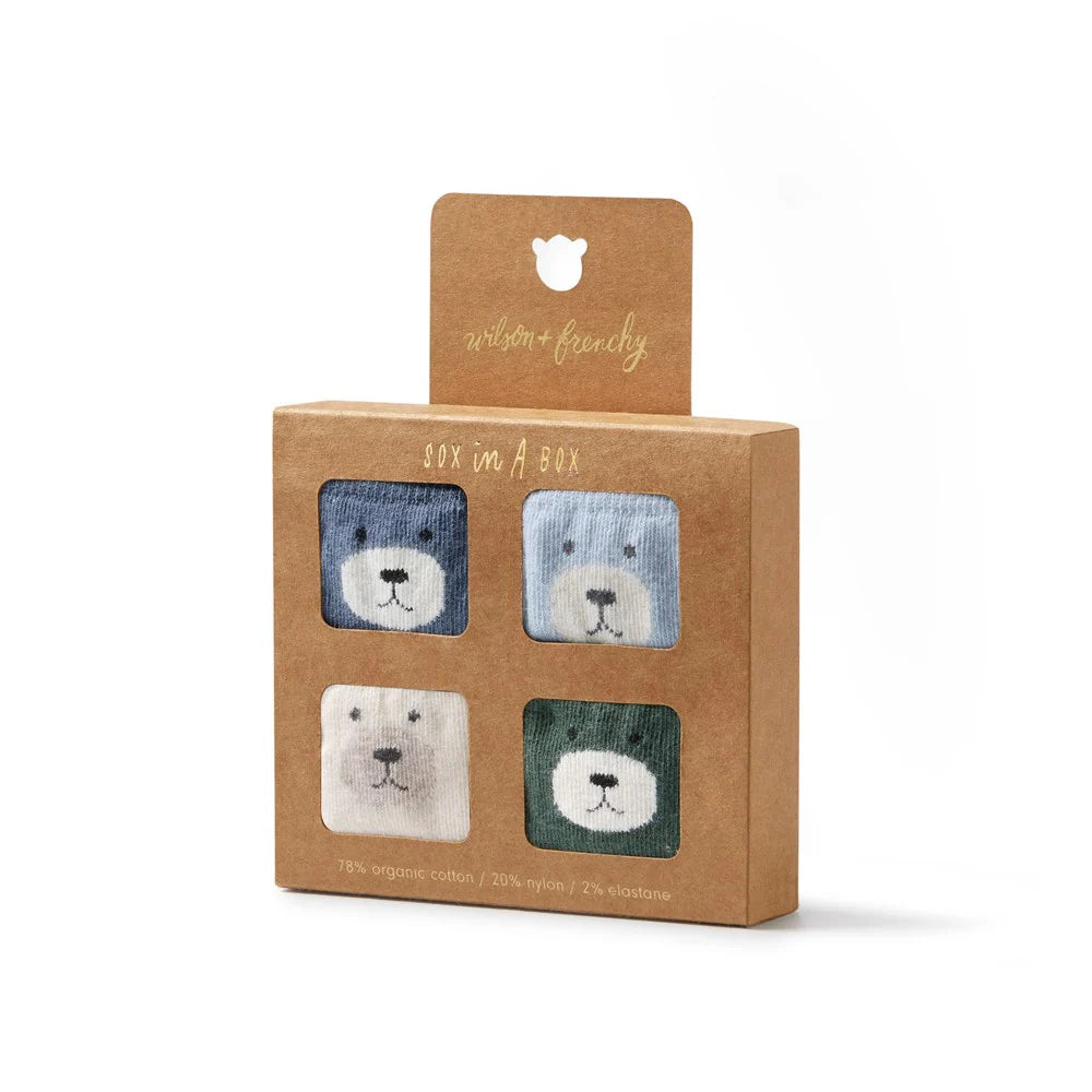 Wilson & Frenchy Boys Organic 4 Pack Baby Socks - Moss, Buttermilk, Storm Blue, Twilight Blue