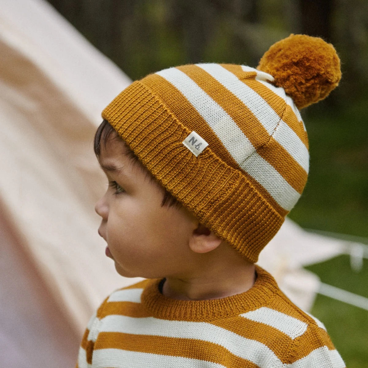 Nature Baby Alpine Pom Pom Beanie - Toffee Bold Stripe