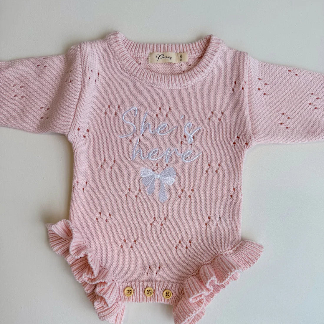 Petite + Co Shes Here Bow - Pointelle Frill Romper - Baby Pink